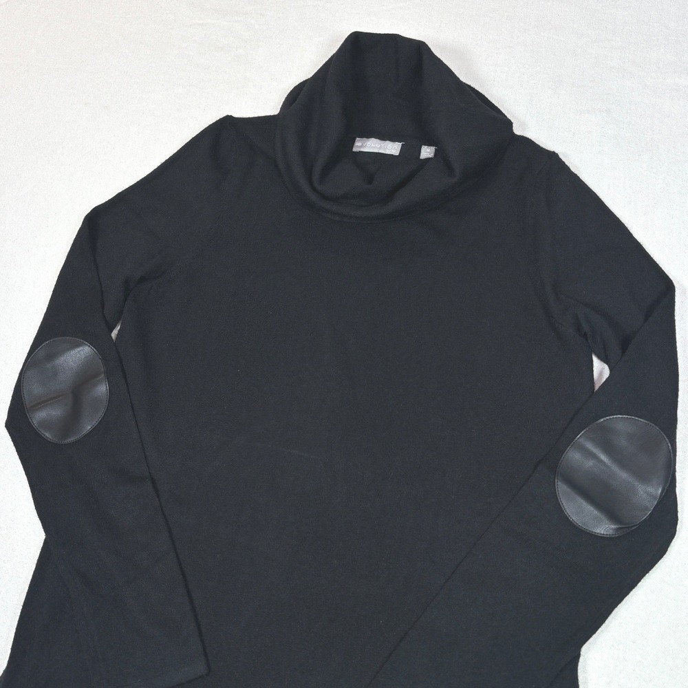 Evolution by Cyrus Womens Black Cowl Neck Sweater Faux Leather Elbow Patches M